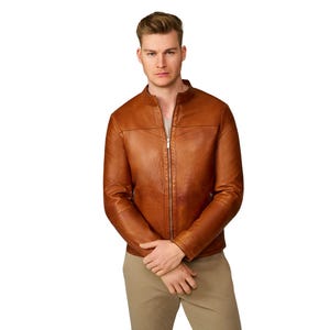 Handmade Italian Lambskin Leather Jacket: Slim Fit Stand Collar Coat