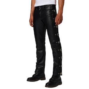 Black leather Side Buckle Pant for Men | Personalized Gift for Men - Custom Size Black leather Pant for Men | Party Style Pant Gift for Men