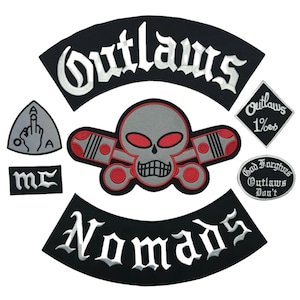 Outlaws MC Patch Set: Skull & Pistons Embroidered Biker Patches