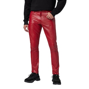 Men&#39;s Red Genuine Leather Pants | Handmade Leather Jeans | Custom Size Leather Pants for Men | Personalized Gift for Men | Red Leather Pant