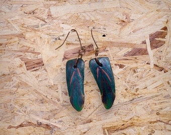 Handmade polymer clay earrings, feather with mica sparkle