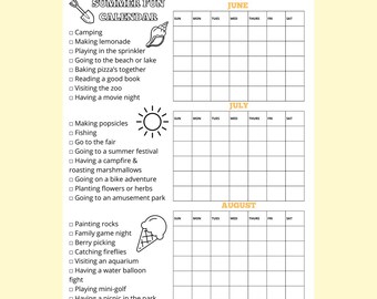 May include: Black and white printable summer fun calendar with a checklist of activities for June, July, and August. The calendar includes activities like camping, making lemonade, playing in the sprinkler, going to the beach, baking pizza, reading a book, visiting the zoo, having a movie night, making popsicles, fishing, going to the fair, having a campfire, roasting marshmallows, going on a bike adventure, planting flowers, going to an amusement park, painting rocks, having a family game night, berry picking, catching fireflies, visiting an aquarium, having a water balloon fight, playing mini-golf, and having a picnic in the park.