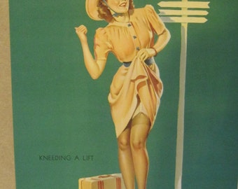 vintage reproduction of Gil Elvgren "Keeding a lift" pin up girl