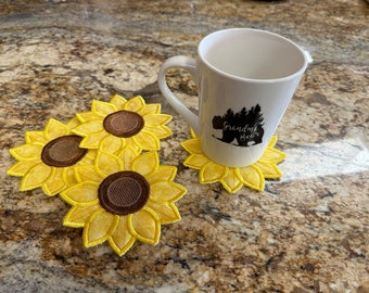 Beautiful Sunflower coasters set of 4 machine embroidered appliqué a rug for your mug