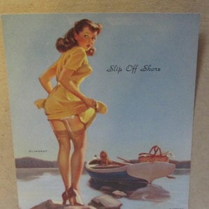 reproduction of 1940&#39;s pin up girl &quot;Slip off Shore&quot; by Gil Elvgren