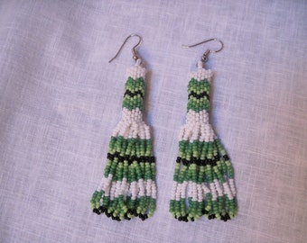 shades of green hand beaded peyote stitch earrings