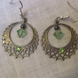 Filigree silver hoop earrings with Peridot Swarovski crystal August birthstone image 1