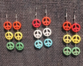 Peace sign earrings with triple peace sign beads in different colors