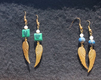 Gold tone Angel wing earrings with malachite or lapis