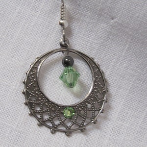 Filigree silver hoop earrings with Peridot Swarovski crystal August birthstone image 2