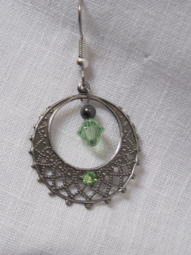 Filigree silver hoop earrings with Peridot Swarovski crystal August birthstone image 2