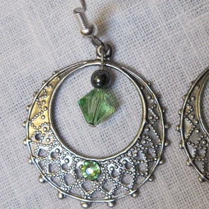 Filigree silver hoop earrings with Peridot Swarovski crystal August birthstone image 3