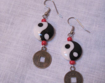 Handmade Ying yang glass bead earrings with Chinese coin