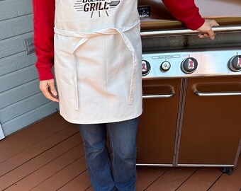 BBQ Apron handmade on canvas with machine embroidered design “License to Grill” with retro bbq and spatula