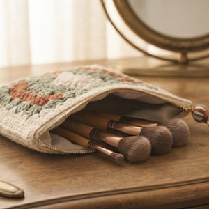 May include: A rectangular crochet pouch featuring a granny square pattern in sage green, cream, and terracotta. The pouch has a gold zip closure, a multi-coloured tassel pull, and contains several makeup brushes with wooden handles and brown bristles.