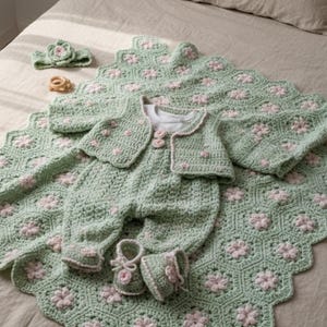 Baby Crochet Pattern PDF – Blanket, Romper, Jacket, Bootees & Headband – 3ply/4ply Yarn – 3–6 Months