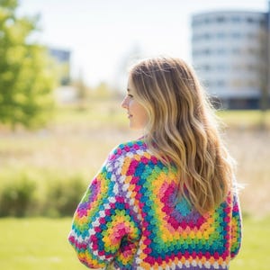 May include: A colorful, handmade crochet cardigan in a granny square pattern. The sweater features a vibrant array of colors including pink, yellow, green, blue, and purple. The person is outdoors with a blurred background of green grass and trees.