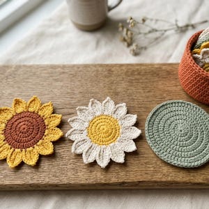 Crochet Coaster Set Pattern PDF, Sunflower Daisy Flower Coasters with Mini Pot Holder, Beginner Faceless Home Decor, Easy PDF Download