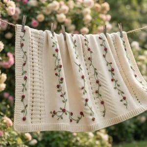 May include: A cream-colored knitted blanket featuring vertical panels of textured stitch patterns alternating with embroidered green vines and small red rosebuds. The blanket is draped over a horizontal rope and secured with wooden clothespins.