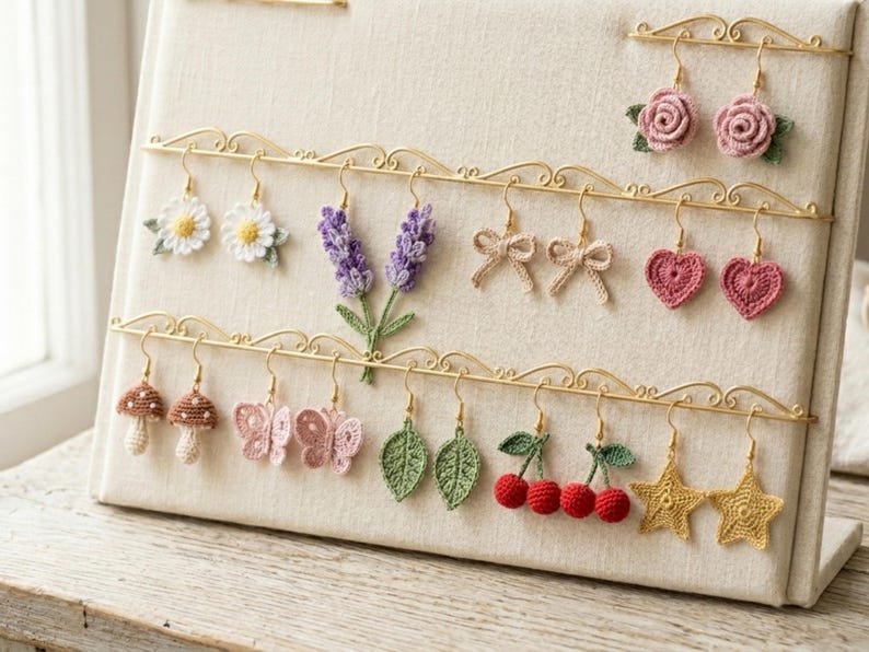 Tiny Crochet Earring Patterns Bundle PDF, 10 Micro Crochet Earrings, Daisy Rose Heart Butterfly Mushroom Earrings, Instant Download Pattern