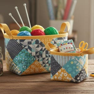 May include: Two fabric storage baskets featuring a patchwork design in shades of yellow, teal, navy, and white. The baskets have yellow polka-dot handles and contain colourful yarn balls, knitting needles, a pincushion, and yellow scissors.