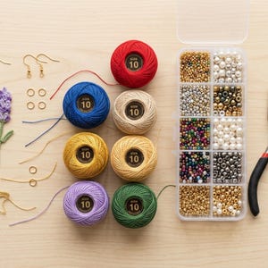 May include: A collection of crafting supplies including eight balls of size 10 crochet thread in red, blue, yellow, purple, beige, gold, and green, a clear plastic organizer box filled with assorted beads, metal earring hooks, jump rings, and pliers.