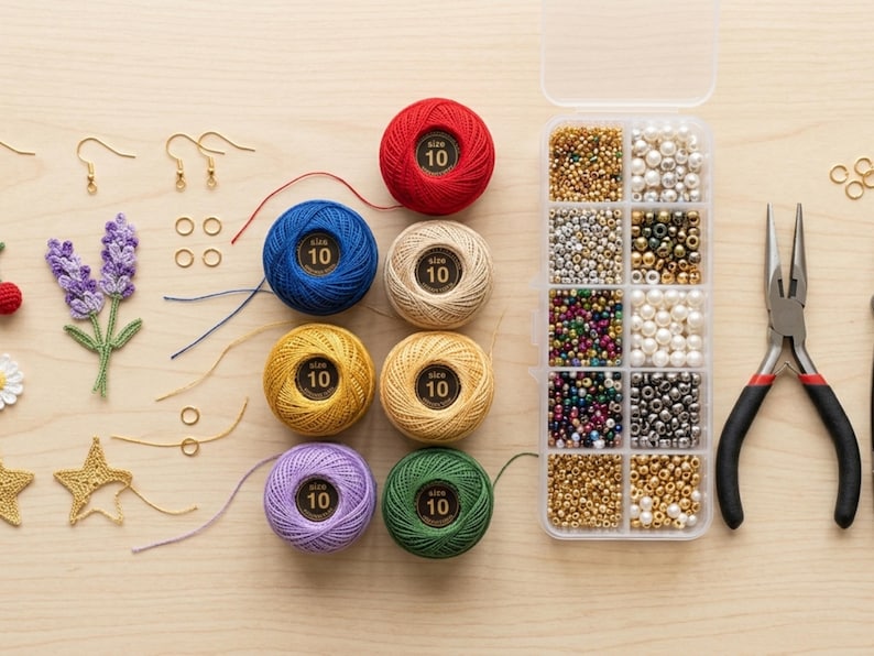 May include: A collection of crafting supplies including eight balls of size 10 crochet thread in red, blue, yellow, purple, beige, gold, and green, a clear plastic organizer box filled with assorted beads, metal earring hooks, jump rings, and pliers.