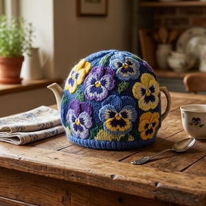 Pansy Garden Tea Cosy Knitting Pattern (PDF Download) – Floral Crochet Teapot Cover