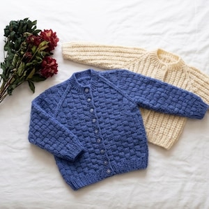 Könnte beinhalten: Zwei Strickjacken. Eine ist strukturiert blau mit Knopfverschlüssen, die andere cremefarben. Die Strickjacken werden auf einer weißen Oberfläche mit einem Strauß getrockneter Blumen präsentiert.