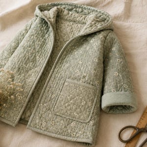 May include: A sage green quilted hooded jacket featuring a delicate white floral pattern, long sleeves with folded cuffs, and a single front patch pocket. A wooden ruler measuring 30 cm is placed next to the jacket alongside metal scissors.