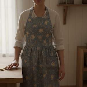 May include: A blue floral apron with two pockets is worn over a white long-sleeved shirt. The apron features a pattern of yellow flowers. The scene is set in a kitchen with a wooden table and shelves.