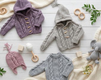 May include: A collection of knitted baby apparel including a purple hooded cardigan, a grey hooded cardigan, and a grey sweater, all featuring cable knit patterns and wooden toggle buttons, accompanied by a pink knit hat and a grey crochet elephant.