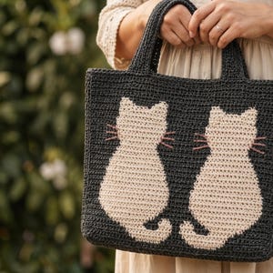 Crochet Cat Silhouette Tote Bag Pattern, Tapestry Intarsia Kitty Purse (PDF Download)