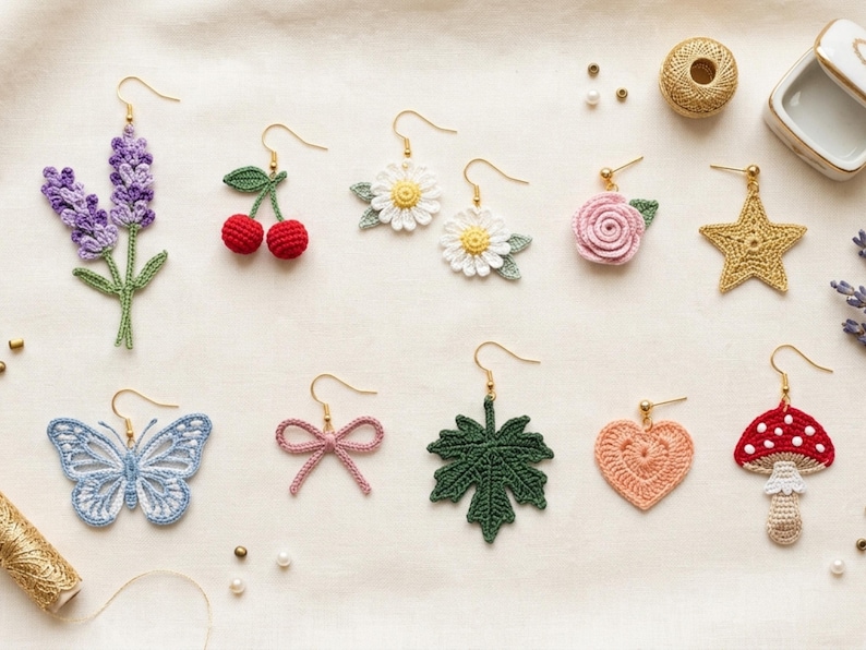 May include: A collection of ten individual crochet earrings featuring various shapes including lavender sprigs, cherries, daisies, a rose, a star, a butterfly, a bow, a leaf, a heart, and a mushroom, all attached to gold-toned metal earring hooks.