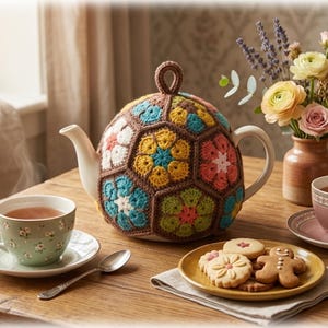 African Flower Tea Cosy Crochet Pattern, Hexagon Teapot Cover (PDF Download)