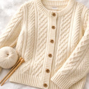 May include: A cream-colored cable knit cardigan featuring a round neckline, long sleeves with ribbed cuffs, and a front button closure with six brown buttons. A matching ball of yarn and two wooden knitting needles are positioned beside it.
