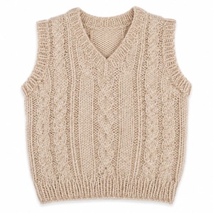 May include: A beige sleeveless knit sweater vest featuring a V-neckline and a vertical cable knit pattern. The garment is constructed with a ribbed hem and ribbed armholes, showcasing a textured, chunky yarn finish throughout the entire piece.
