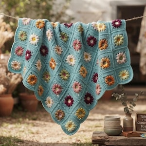 May include: A turquoise crochet blanket featuring a repeating pattern of floral granny squares in shades of yellow, pink, and deep red. The blanket has a scalloped edge and is draped over a line. A small sign reads: TURQUOISE FLORAL GRANNY SQUARE BLANKET - HANDMADE.