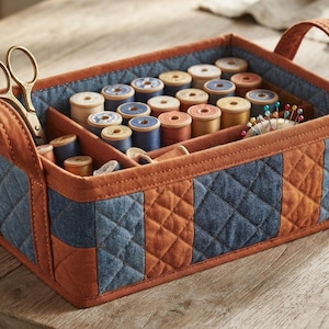 May include: A rectangular quilted fabric storage basket with alternating blue and rust-coloured panels, featuring two handles. The interior is divided into sections containing multiple wooden spools of thread, a pair of gold scissors, and a pin cushion.