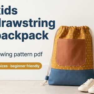 Kids Drawstring Backpack Sewing Pattern PDF, Lined Cinch Bag with Pocket, Swim Library School Bag, 2 Sizes, Beginner Instant Download