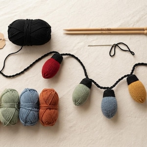 May include: A craft kit featuring a black yarn ball, two wooden knitting needles, a metal sewing needle, and a string of crocheted light bulbs in red, green, blue, yellow, and orange. A tan tag with the text Twinkle Trail Kit is attached.