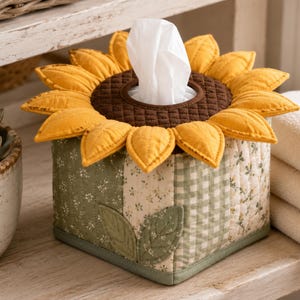 Può includere: Una copertura quadrata in tessuto per scatola di fazzoletti con un girasole trapuntato sulla parte superiore, petali gialli e centro marrone. I lati sono composti da pannelli patchwork in verde salvia e crema, decorati con motivi floreali e a quadri.