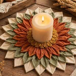Farmhouse Sunflower Candle Mat Sewing Pattern PDF Folded Fabric Table Topper No Sew Petal Tutorial Digital Download Dahlia Style