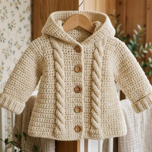 May include: A cream-colored crocheted hooded cardigan featuring long sleeves with ribbed cuffs, a textured cable knit pattern running vertically down the front, and five round brown wooden buttons centered along the front closure.