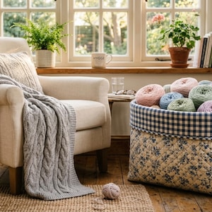 May include: A large, rectangular fabric storage basket featuring a quilted cream exterior with a blue floral pattern and a blue and white gingham fabric trim. The basket is filled with multiple balls of yarn in pastel colors and wooden knitting needles.