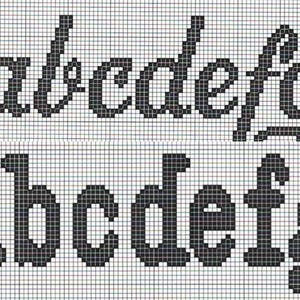 May include: A cross-stitch pattern on a white grid background featuring two rows of the lowercase letters a, b, c, d, e, f, and g. The top row displays the letters in a cursive script style, while the bottom row shows them in a block print style.