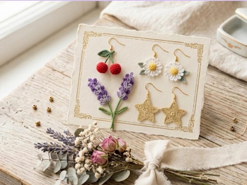 May include: A rectangular display card featuring three pairs of crocheted earrings: red cherries with green leaves, white daisies with yellow centers, and gold stars. The card has a decorative gold border and is presented with a small dried flower bouquet.
