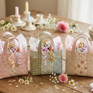 May include: Three small quilted fabric tote bags featuring floral and checkered patterns in soft pastel colors. Each bag has two handles, is filled with white tissue paper, and contains curled decorative ribbons in shades of gold and lavender.