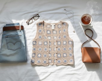 May include: An overhead shot of a casual outfit on a white surface. Includes a light blue denim jeans with a brown belt, a beige crochet vest with blue and white accents, a brown purse, and a cup of tea.