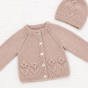 RETIREMENT SALE *knitting patterns for 3yr old girls-Baby Cardigan and Hat Knitting Pattern, Textured Flower Bobble Design (PDF Download)